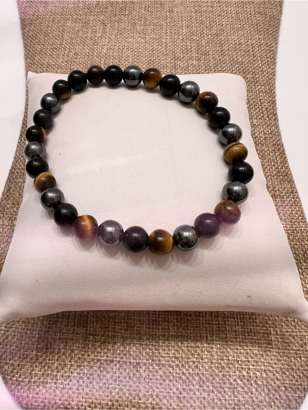 Polished Tiger Eye, Hematite & Black Bead Stretch Bracelet - Brown, Gray & Black